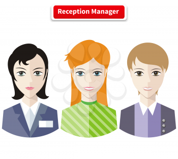 Reception manager. Personal assistant concept set with time management and secretary work flat icons illustration. Reception desk, receptionist, office reception, hotel reception, wedding reception