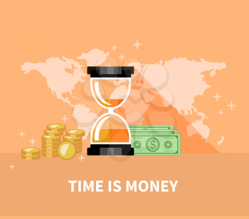 Time is money concept. Hourglass coins. Finance and business, currency and clock, dollar saving, watch and cash, economic financial, sandwatch and monetary illustration