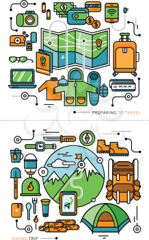 Mountains with snow peaks and tourist equipment. Hiking trip. Mountaineering. Travel. Stroke icons in flat design. Preparing to travel. Necessary items for journey. What to pack