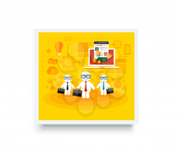 Poster banner with business mans with cases go on a meeting. Laptop with site of pay per click concept. Business concept in flat design on white background.