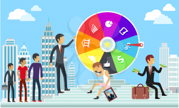 Wheel of business fortune concept. Success gambling, win game, jackpot lottery, achievement and motivation, failure and challenge, triumph successful, finance ambition illustration