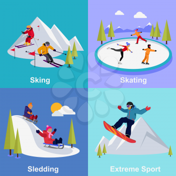 Active winter vacation extreme sports. Sledding and sking, skating and mountain, snow and recreation, travel outdoor, cold and holiday, snowboarder athlete illustration