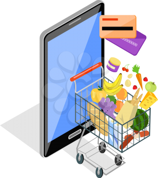 Concept of shopping via the internet shop. Online and smartphone, card pay, web sale, e-commerce and foodstuffs, business technology, convenience and mobile illustration