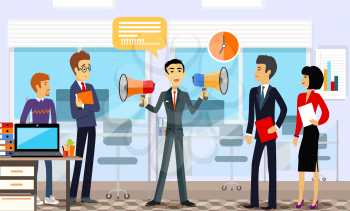 Head of the company with employees. Leadership announcement, loudspeaker and announce, speaking message, business manager,  professional people illustration