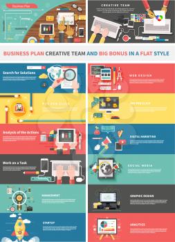 Concept of a business plan and creative team. Startup and analytics, social media, work task, web and graphic design, solution, and pay per click, strategy business illustration