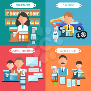 Flat design concept of car shop, mobile store, pharmacist and computer store with item icons on four multicolor banners. Dealer at the cash register