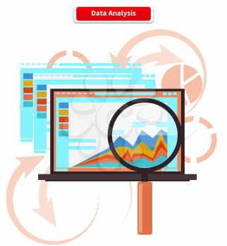 Concept analysis and data analytics. Statistic information, chart and seo, research optimization, diagram report, development graph, plan analyze, growth finance illustration 
