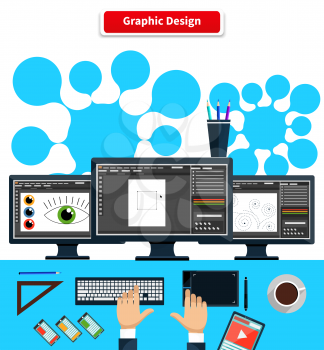 Workspace graphic design monitor tablet keyboard. Computer and desk, office work, desktop and device, table and coffee, smartphone and workstation illustration