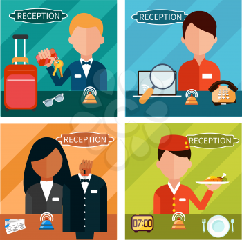 Set of reception character in different interactive places in hotel, restaurant, theater. Portrait of receptionist in flat design style on four banners. Man and woman at the table 