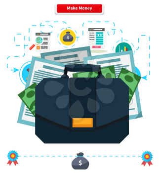 Concept make money. Briefcase with income. Cash investment, financial wealth, finance profit, growth rich, banking and income, currency and economy illustration