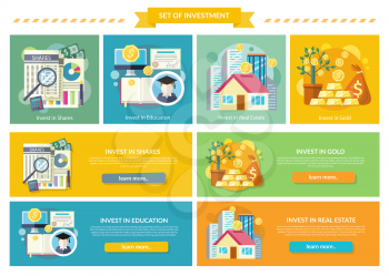 Set concept investment flat style. Gold and education, real estate and property, shares investing, business and wealth, invest potential offer, studies and growth, fund and profit, money illustration