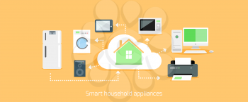 Smart household appliances icon flat design. Home equipment technology, automation printer and music, microwave and washing machine, computer device illustration