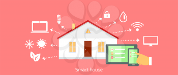 Smart house concept icon flat design. Home technology, digital security, communication system, automation and control, energy and light, building and power illustration