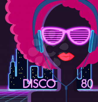Disco 80's. Girl with headphones. Party and dance, dj and club, disco party, disco background, disco lights,  music and retro sound audio, poster vintage illustration
