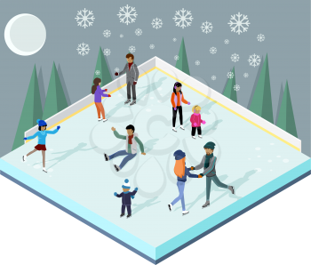 Ice rink with people isometric style. Ice skating, sport winter, skate and skating, cold season, outdoor activity, lifestyle motion, skater exercise, speed active recreation illustration