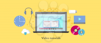 Video tutorial icon flat design style. Online education, information web from laptop, study internet, e-learning and knowledge, webinar and training, communication learning illustration
