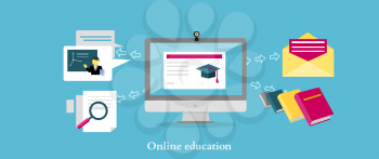 Online education icon flat design style. University web, school knowledge, training study, e-learning computer internet, science studying, research information illustration