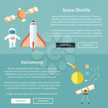 Space shuttle and astronomy web page. Spaceship and space shuttle launch, astronaut and rocket, space station, astrology and star, telescope and galaxy, constellation and science illustration