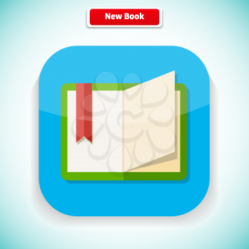 New book app icon flat style design. New book cover, modern book, novel and book store, library and book spine, paper and information, literature education illustration