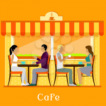 Facade urban cafe with customers. Cafeteria shop, interior outdoor, people and building exterior, street city, sidewalk and coffeeshop, coffeehouse and awning illustration