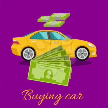 Buying car concept. Gift car and dollars money in flat design cartoon style on stylish background. Car, shopping car, car dealership, new car, sell car, buy, car sales