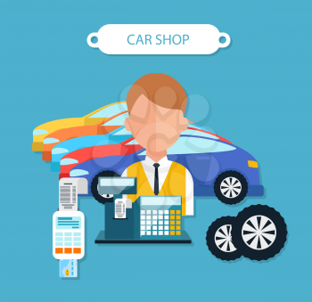 Car shop concept flat design style. Shopping and buying, showroom and dealership, service auto, automobile transport, buy new, sale and purchase, dealer illustration