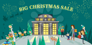 Big christmas sale glowing shop. Discount and holiday season, xmas bright, new year, purchase and winter celebration, firework and offer promotion, retail shopping illustration