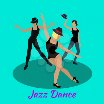 Jazz dance concept flat design. Modern class, music and art, body dancer, dress and entertainment, event fashion, lifestyle motion, musical party, people performance show illustration