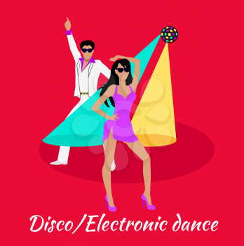 Disco and electronic dance concept flat design. Party and dancer, couple and entertainment, event fashion, music nightlife and popular leisure illustration