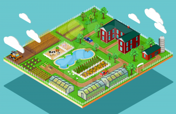 Isometric 3d icon flat farm agriculture. Field and nature organic, tree growth, natural garden, plant and harvest, rural and farmhouse, cow and greenhouse illustration