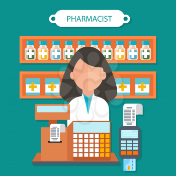 Pharmacist concept flat design. Pharmaceutical and doctor, health and medical, medicine occupation, person and care, healthcare and professional human illustration