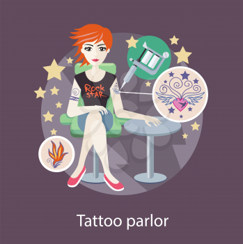 Tattoo parlor flat style design. Tattoo shop, tattoo artist, tattoo studio, tattoo girl, fashion salon, art person, artist and needle, machine for paint illustration