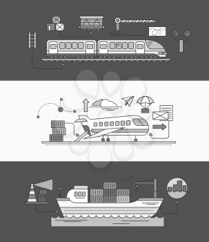 Concept of Freight Forwarding rail by sea and air. Transport delivery, shipping import industry, distribution and logistic, export railway transportation. Set of thin, lines, outline flat icons