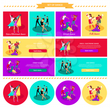 Set street folk dance jazz disco. Dancing music, event party, people boy and girl, art show performance, sound lifestyle, musical nightlife illustration in flat design. Set of banners