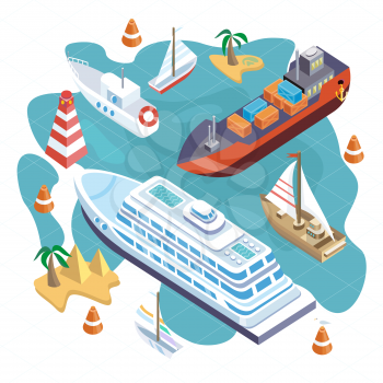 3d isometric set ships. Sea transport. Island and buoy, motorboat and containership, cruise and tanker, cargo shipping, boat transportation, ocean and vessel on white background