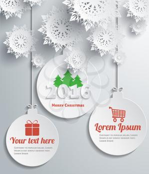 Snowflakes balls merry christmas. Xmas greeting holiday, celebration winter, happy december, gift box, season and celebrate, festive decorative illustration