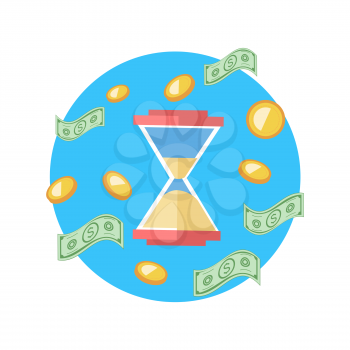 Time is money concept. Hourglass coins. Business currency and clock, dollar saving, watch and cash, sandwatch and monetary. Time management, money, clock, save time, clock money, hourglass money