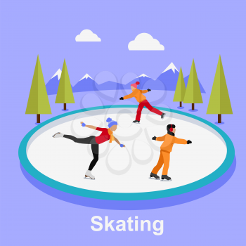 People skating flat style design. Ice skating, figure skating, skating rink, sport lifestyle, activity leisure, winter and ice, recreation outdoor illustration