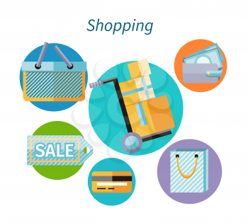 Shopping concept flat design style. Shopping bag, shopping mall, store and shopping cart, shopping icon and sale, fashion business, money finance, marketing payment shop, pay and buy illustration