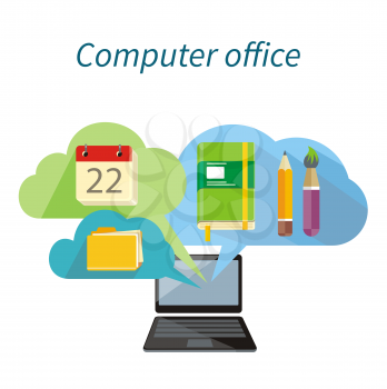 Computer office concept flat design icon. Computer screen office, technology management, monitor and keyboard, document and device, workspace or workplace, space screen illustration