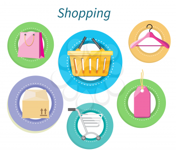 Shopping consumerism flat design style. Shopping bag, shopping mall, shopping cart, shopping icon, marketing shop, hanger and basket, trolley and purchase illustration