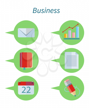 Business concept flat design set icon. Business icon set, icon set, web icons, web app, communication and infographic, data report, content file, notebook and diagram, page information illustration