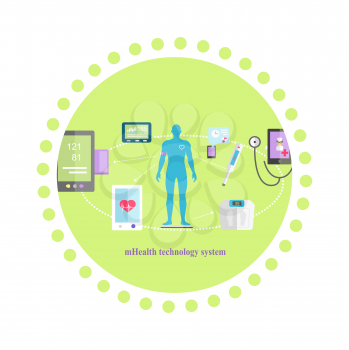 Mhealth technologies system icon flat isolated. Healthcare test, science mobile control, healthy and research medication, medical, scan app, health and patient, aid human illustration