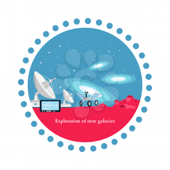 Exploration new galaxies icon flat isolated. Astronomy and universe, cosmos horizon, mission and aerospace industry, future  technology innovation illustration