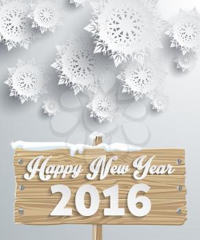Snowflakes background for winter and new year, christmas theme. Snow, christmas, snowflake background, snowflake winter. 3D paper snowflakes. Happy New Year 2016 on wooden sign board. Silver snowflake
