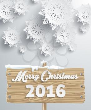 Snowflakes background for winter and Merry Christmas theme. Snow, christmas, snowflake background, snowflake winter. 3D paper snowflakes. Merry Christmas 2016 on wooden sign board. Silver snowflake