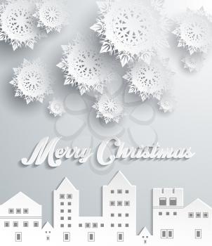 Christmas paper frame with silhouette of town. Snowflakes background for winter and New Year, christmas theme. 3D paper snowflakes in city. Silver snowflake with merry christmas text in town