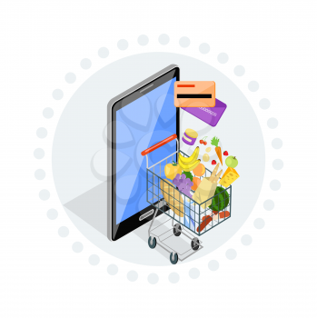 Concept of shopping via internet shop. Online and smartphone, card pay, web sale, e-commerce and foodstuffs, business technology, convenience and mobile illustration. Trolley with food. Online order