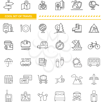 Set of line icon concept travel. Transportation and holiday, trip and plane, train and location, car and airplane, bus and ship, luggage and vacation, journey and camera, globe map illustration