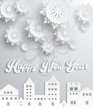 Happy new year snow city design. Snowflake and holiday, comfort celebration, greeting merry december, season celebrate and festive, homey city, building decorative illustration